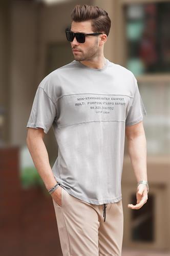 Boyalı Gri Oversize Bisiklet Yaka Baskılı Erkek Tişört 7018