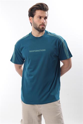 Petrol Mavisi Bisiklet Yaka Baskılı Erkek T-shirt E7110