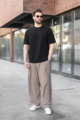 Siyah Bisiklet Yaka Oversize Erkek Tişört E7176