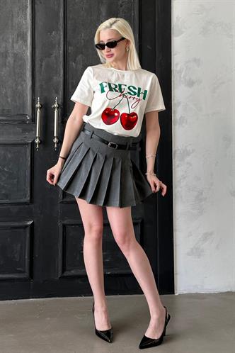 Ekru %100 Pamuklu Baskılı Kadın Tişört Mg2381