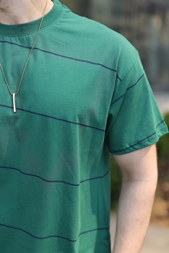 Koyu Yeşil Bisiklet Yaka Basic Çizgili Erkek T-shirt E7102