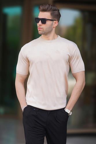 Bej Bisiklet Yaka Basic Erkek Tişört 6883