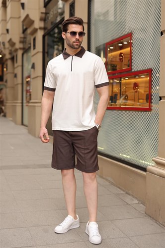 Ekru %100 Pamuklu Polo Yaka Şort Tişört Takım E7358