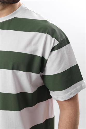 Haki Oversize Renk Bloklu Bisiklet Yaka Kısa Kollu Tişört 7030