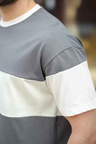 Füme Oversize Renk Bloklu Bisiklet Yaka Tişört 7020