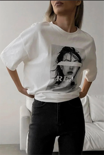 Ekru Oversize Baskılı Kadın Tişört MG1764