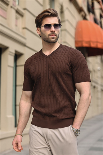Kahverengi V Yaka Kısa Kollu Triko Erkek Tişört E7467
