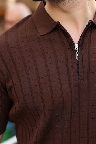 Kahverengi Polo Yaka Slim Fit Triko Erkek Tişört E7465