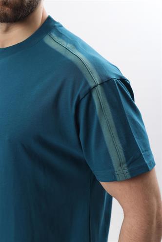 Petrol Mavisi Bisiklet Yaka Baskılı Erkek T-shirt E7110