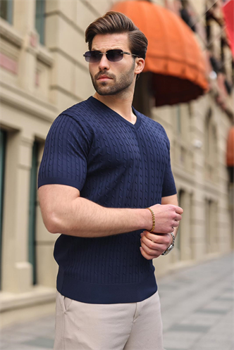 Lacivert V Yaka Kısa Kollu Triko Erkek Tişört E7467