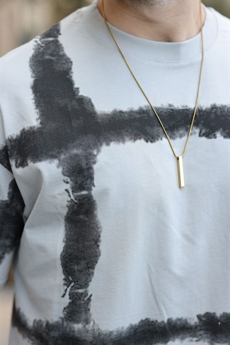 Boyalı Gri Bisiklet Yaka Baskılı Basic Erkek T-shirt E7109