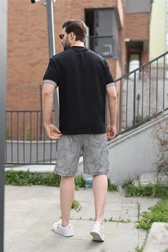 Siyah %100 Pamuklu Bisiklet Yaka Şort Tişört Takım E7359