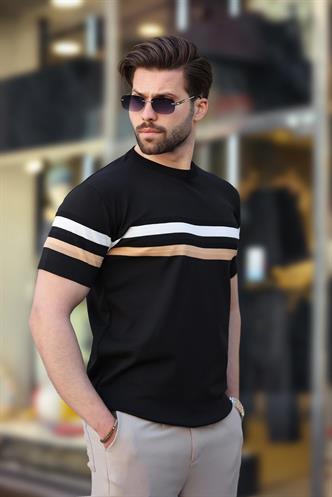 Madmext Siyah Bisiklet Yaka Çizgili Erkek T-shirt E7412