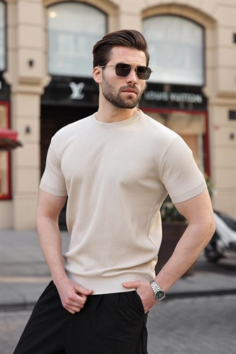 Taş Rengi Bisiklet Yaka Fitilli Erkek Tişört E7474