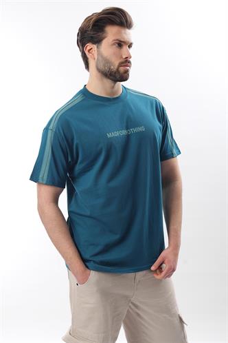 Petrol Mavisi Bisiklet Yaka Baskılı Erkek T-shirt E7110