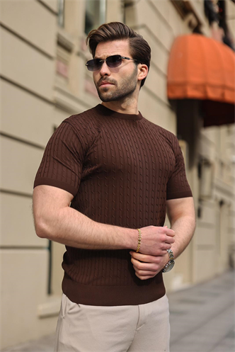 Kahverengi Bisiklet Yaka Triko Erkek Tişört E7468