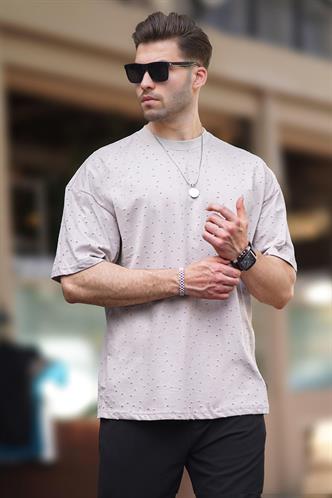 Bej Oversize Yırtık Deyatlı Pamuklu Tişört 7032