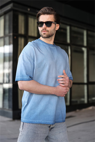İndigo %100 Pamuklu Bisiklet Yaka Oversize Erkek Tişört E7177