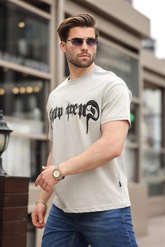 Boyalı Gri Baskılı %100 Pamuk Erkek T-shirt E7141