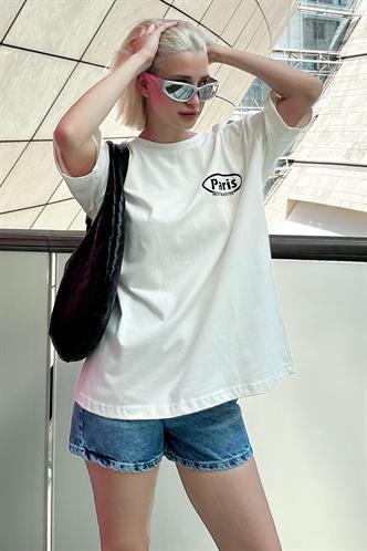 Ekru Oversize Sırt Baskılı Bisiklet Yaka Kısa Kollu Tişört MG2127