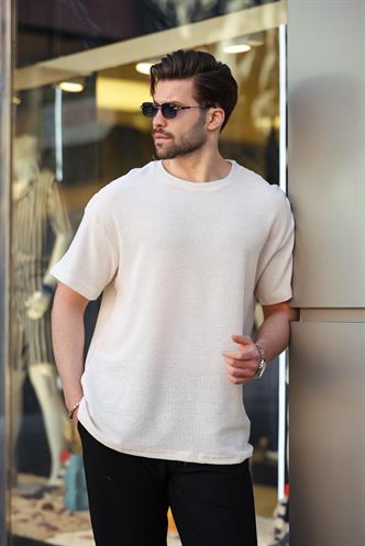 Madmext Ekru Bisiklet Yaka Oversize Erkek T-shirt E7134