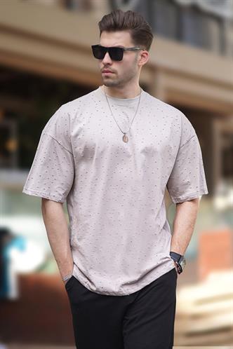 Bej Oversize Yırtık Deyatlı Pamuklu Tişört 7032