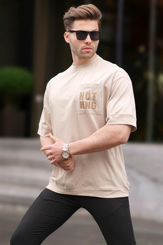 Bej Cep Detaylı Oversize Tişört 7008