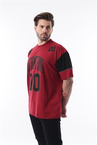 Bordo Baskılı Pamuklu Oversize Erkek T-shirt 7035