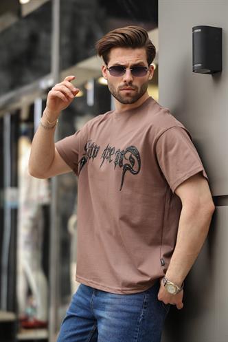 Kahverengi Baskılı %100 Pamuk Erkek T-shirt E7141