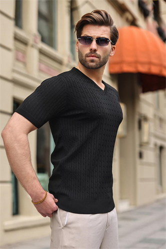 Siyah V Yaka Kısa Kollu Triko Erkek Tişört E7467