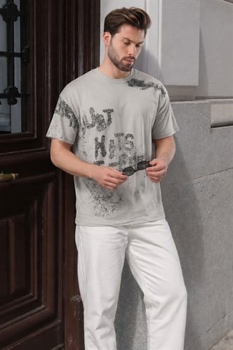 Boyalı Gri Baskılı Erkek T-shirt E7115