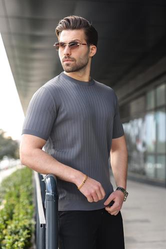 Antrasit Bisiklet Yaka Triko Erkek Tişört E7460