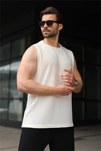 Ekru Bisiklet Yaka Jakarlı Kolsuz Erkek Tişört E7180