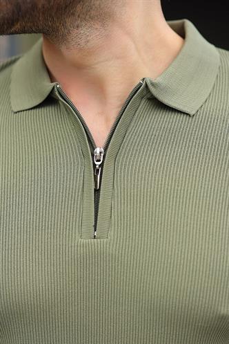 Haki Yarım Fermuarlı Polo Yaka Triko Erkek Tişört E7459