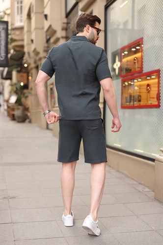 Füme %100 Pamuklu Erkek Şort Gömlek Takım E7361