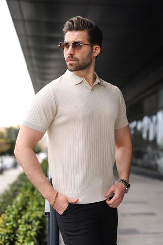 Taş Rengi Polo Yaka Triko Erkek Tişört E7461