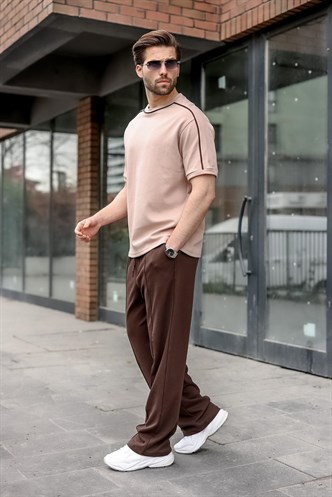 Camel Şerit Detaylı Modern Kesim Erkek Tişört E7182