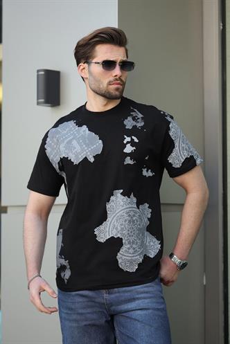 Siyah %100 Pamuklu Desenli Erkek Tişört E7142