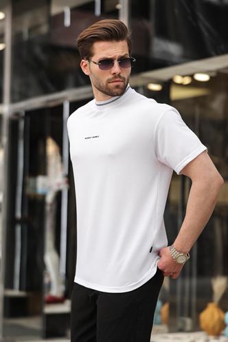 Beyaz Nakış Detaylı Basic Erkek T-shirt E7106