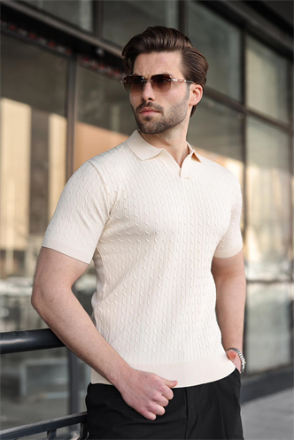 Taş Rengi Slim Fit Polo Yaka Triko Erkek Tişört E7472