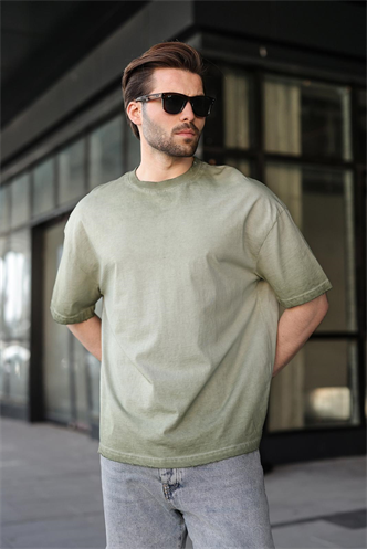 Haki %100 Pamuklu Bisiklet Yaka Oversize Erkek Tişört E7177