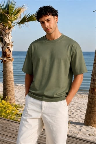 Erkek Haki Oversize Fit Basic Tişört 6066