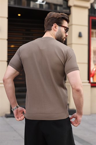 Açık Kahverengi Bisiklet Yaka Fitilli Erkek Tişört E7474