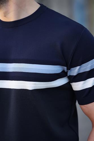 Madmext Lacivert Bisiklet Yaka Çizgili Erkek T-shirt E7412