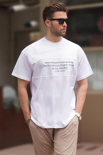 Beyaz Oversize Bisiklet Yaka Baskılı Erkek Tişört 7018
