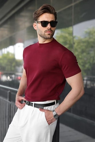 Bordo Bisiklet Yaka Regular Fit Erkek Tişört E7188