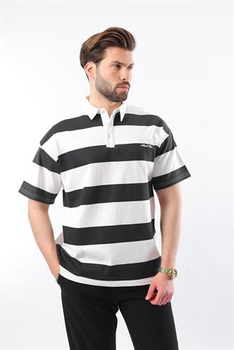 Siyah Oversize Renk Bloklu Polo Yaka Tişört E7120