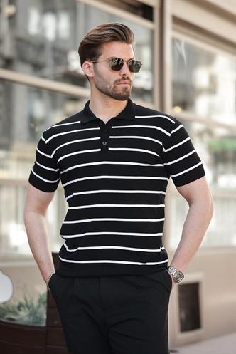 Siyah Çizgili Polo Yaka Erkek T-shirt E7405