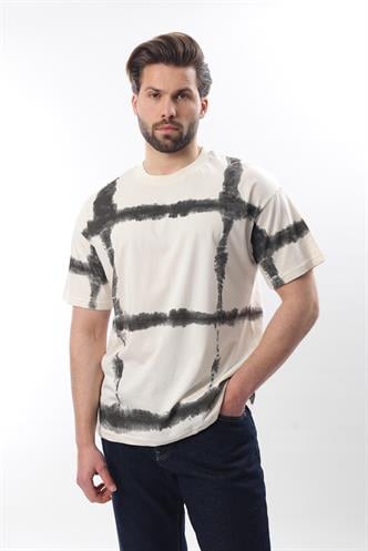 Ekru Bisiklet Yaka Baskılı Basic Erkek T-shirt E7109