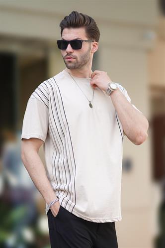 Bej Bisiklet Yaka Pamuklu Gri Renk Detaylı Overfit Tişört 7038